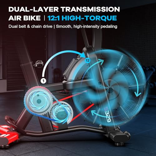 Image of Air Resistance Fan Exercise Bike, Upright Stationary Indoor Cycling Bike with Bluetooth Connection, Dual Action Handlebars and Dual-Layer Transmission System for Home Gym Cardio Training