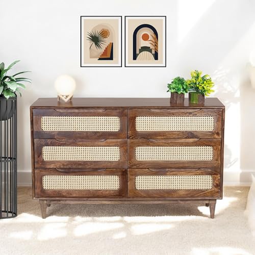 Image of Solid Wood Atlanta Chest of Drawer | Dresser with 6 Drawers | Wooden Chest of Darwers | Chest of Drawers with Cane /Rattan | Finish- Tubaq