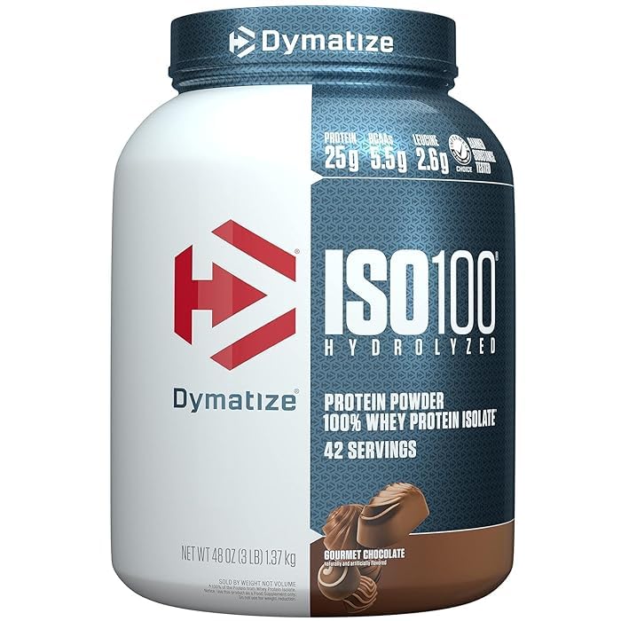 Image of Dymatize ISO100 Hydrolyzed Protein Powder, 100% Whey Isolate Protein, 25g of Protein, 5.5g BCAAs, Gluten Free, Fast Absorbing, Easy Digesting, Gourmet Chocolate, 3 Pound (42 Servings)
