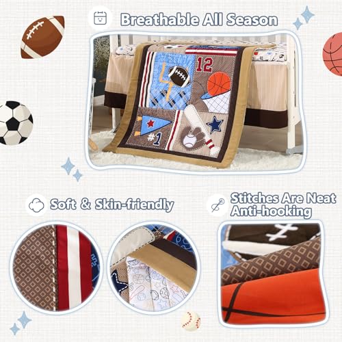 Wowelife Sports Mini Crib Bedding Set Boys Brown 3PCs Mini Crib Comforter Set Basketball Baseball Rugby Nursery Bedding Sets for Boys with Soft Comforter, Crib Skirt and 38x24 Sheet, Brown by Wowelife - Image 4
