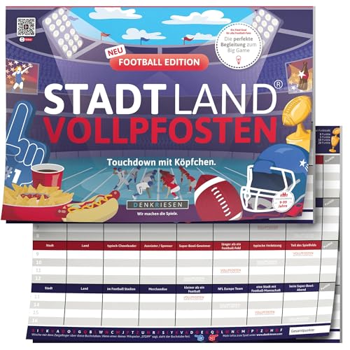 DENKRIESEN Stadt Land Vollpfosten® Football Edition | Ab 9 Jahren im DIN A4 Spielblock | Stadt Land Fluss für American Football Fans | Familienspiel | Super Bowl Partyspiel | Gesellschaftsspiele