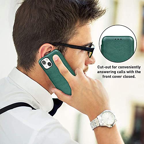 Image of PULOKA for iPhone 14 Plus - Sleek Flip Case - Premium Vegan Leather Phone Cover with Card Slot - Slim, Durable, Privacy Protection - Kickstand Function - Elegant Flip Wallet Cases for Apple - Green