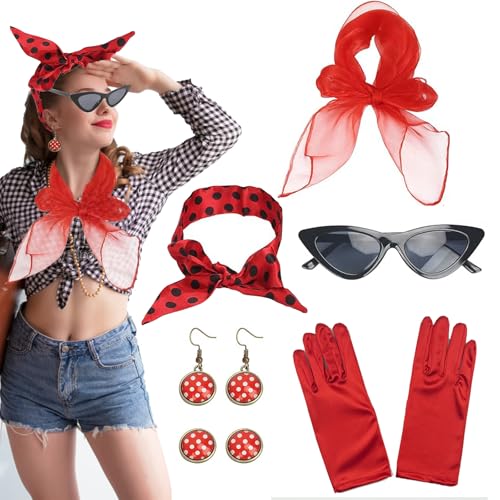 MUFEKUM Rockabilly Accessoires Damen, 50er Jahre Kleider Zubehör Mit Chiffon Schal, Handschuhe, Sonnenbrille, Polka Dot Stirnband, Ohrringe - 50er 60er Jahre Outfit (Rot) MUFEKUM Rockabilly Accessoires Damen, 50er Jahre Kleider Zubehör Mit Chiffon Schal, Handschuhe, Sonnenbrille, Polka Dot Stirnband, Ohrringe - 50er 60er Jahre Outfit (Rot)