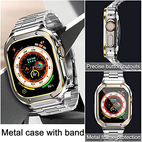 Image of MioHHR Stainless Steel Band and Case Compatible with Apple Watch Band 49mm | Men Metal Protective Bumper Cover with Straps for iWatch 49mm Series Ultra 3, Ultra 2, Ultra, Silver /Gold