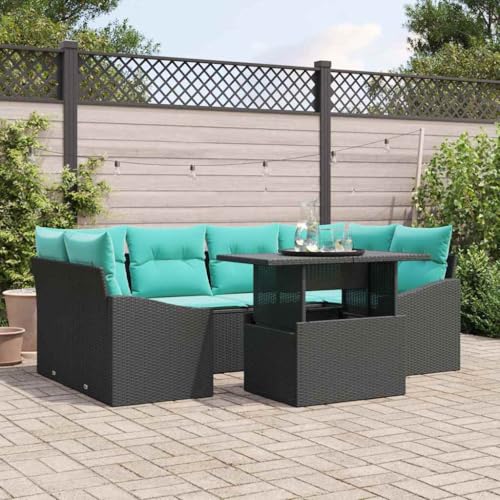 Lumanois Ensemble de canapé de Jardin 7 pcs Noir et Bleu Poly rotin Canapés de Jardin Noir,3348942
