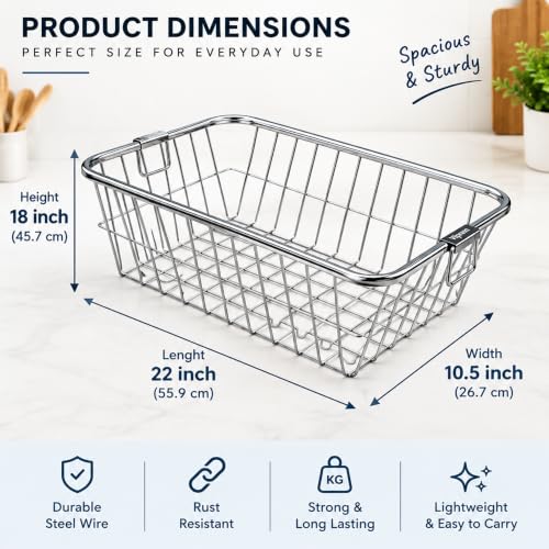Image of Stainless Steel Dish Drying Rack for Kitchen Sink - Large Rectangular Wire Dish Basket with Handles for Plates, Bowls, Cups & Cutlery - Rustproof Metal Dish Drainer & Kitchen Organizer