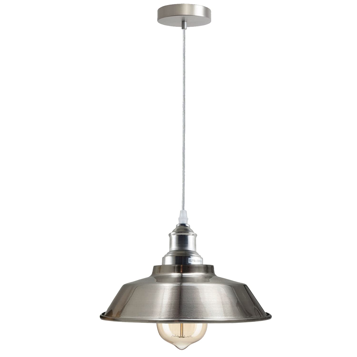 DC Voltage Single Indoor Nickel Ceiling Pendant Light 22cm Fitting Industrial Loft Suspension E27 Lighting for Bedroom, Hall, Dining Room, Lounge