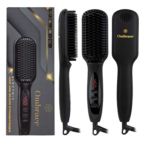 Ionic Beard Straightener Brush, Heated Hair Straightener Comb For Men & Woman, Detangling Volumizing - Rapid Heating, Auto Safety Shut Off, Ceramic Anti-Scald Bristles For Hair & Beard Straightening
