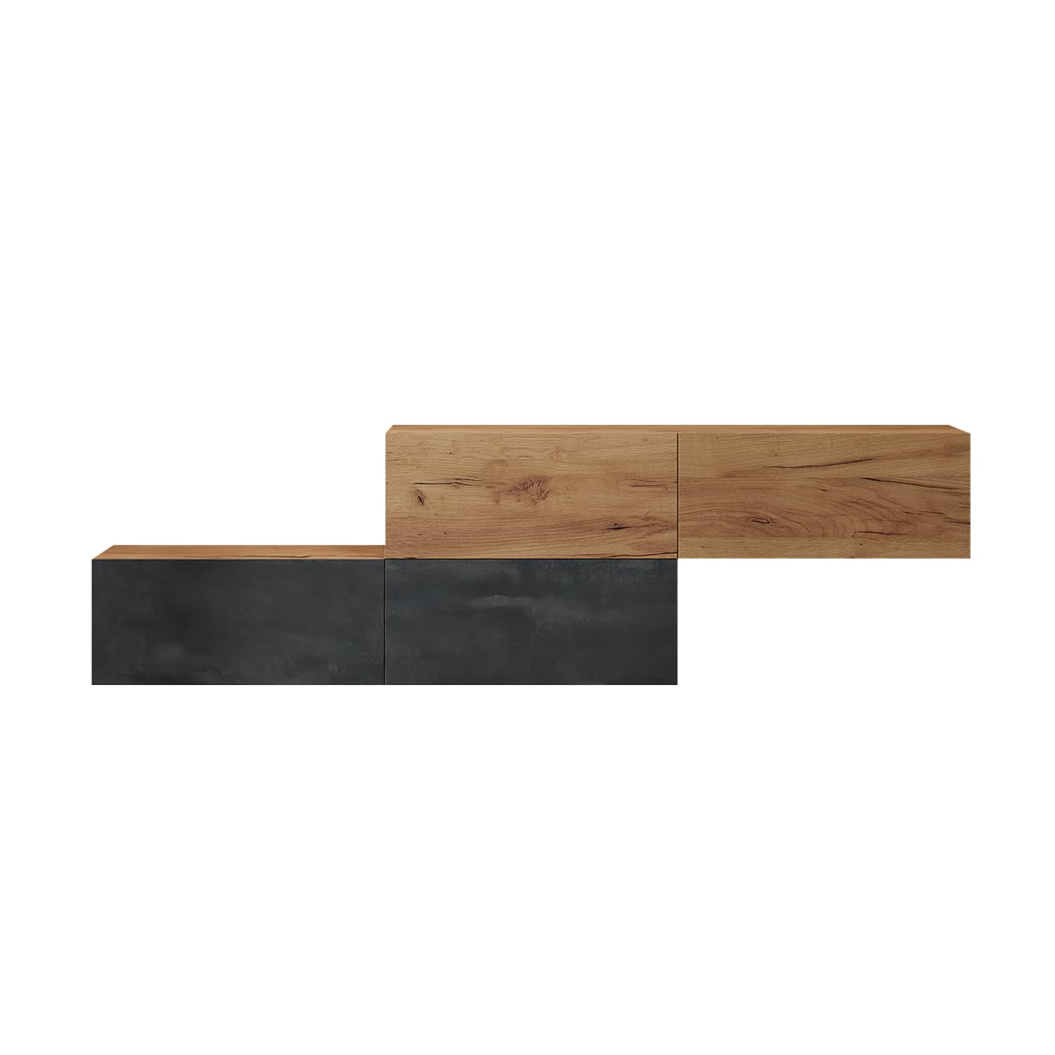 Planetmöbel TV Schrank 280 cm Wohnwand Lowboard Set für Fernseher 65 Zoll | Wohnzimmer Fernsehtisch viel Stauraum, hängend, 2x Fernsehschrank 140 x 30 x 37,5 cm, gold eiche & charcoal
