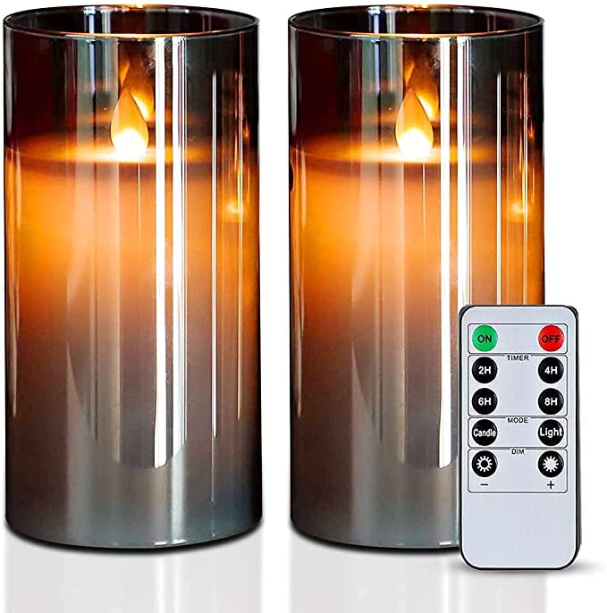 Flickering Flameless LED Candles with Remote Control and Timer, Ideal for Halloween, Christmas,Partty and Home Decor,GIFS for Wife,Mother,Friend,Set of 2(Grey)