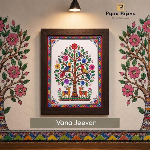 Image of PAPER PAJAMA Tree of Life Wall Art for Living Room | Madhubani Bird & Deer Painting | Traditional Mithila Folk Artwork Framed Home Decor for Bedroom, Office & Hall (10x13 Inches)