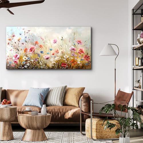 crmotu Large Wall Art for Living Room, Flower Market Botanical Prints, Floral Nature Decor Canvas Pictures, Meadow Wildflower Rustic Home Decorations, Modern Bedroom Farmhouse Wall Decor 24"X48"