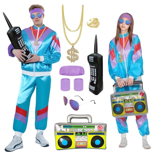 Xerteam Disfraz de los años 80 y 90 para hombre y mujer, chaqueta deportiva, pantalón, diadema, pulseras, gafas, accesorios de hip hop, traje retro de los años 80 para adultos, para fiesta, carnaval
