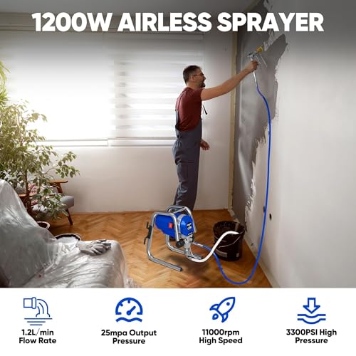 Image of 1200W Airless Paint Sprayer, 3300PSI High Efficiency Electric Paint Sprayer with Extension Rod, Thinning-Free Stand Airless Sprayer for Home Exterior and Interior, Garage, Deck, Furniture