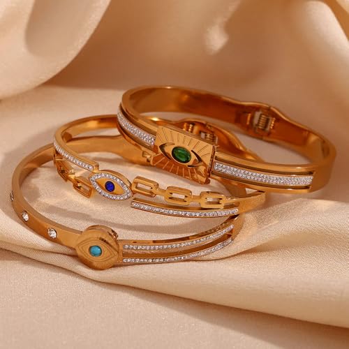 Massari 18K Real Gold Plated Green Evil Eye Bangle, Waterproof, Hypoallergenic Zircon Diamond Bracelet, Spring Buckle, 60mm, Includes Gift Pouch2