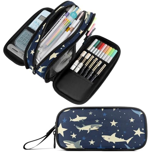 Image of Fustylead Hand Draw Sharks and Stars Print Design Pencil Pen Case Stationery Bag 3 Compartments School College Office Organizer Cosmetics Bag