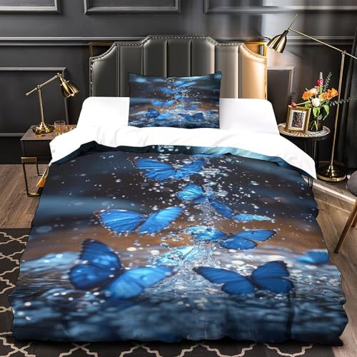 Housse de couette 135x200 papillon bleu lit simple 3 pièces