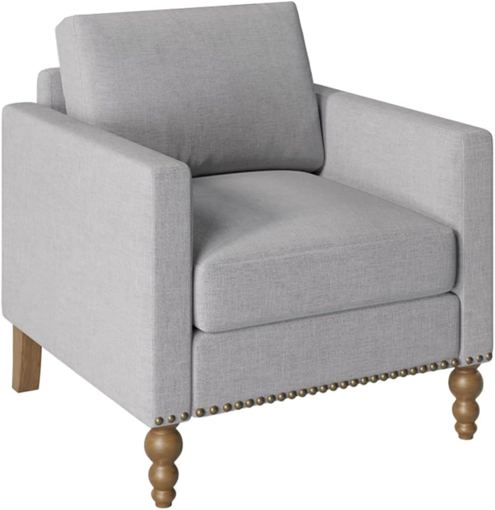 Linen Armchair Accent Chair with Nailhead Trim Wooden Legs Single Sofa Couch for Living Room, Bedroom, Balcony
