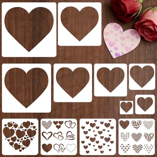12 PCS Love Heart Stencils for Painting - Different Size Love red Heart Reusable Valentines Painting Templates on Wood Glass Fabric Window Door Decor DIY Decoration