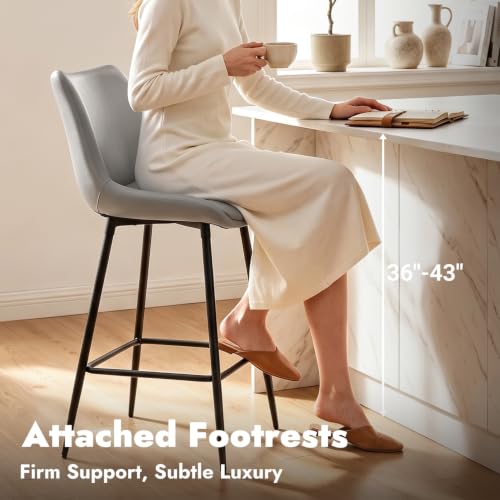 Image of Counter Height Bar Stools Set of 4, FSC Certified Upholstered Faux Leather Barstools with Back, Metal Base, 27 inch Seat Height, Modern Upholstered Counter Stools for Kitchen Island,(Gray