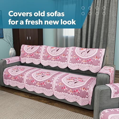 Image of Kuber Industries (Set of 16) Stylish & Durable Cotton Sofa Covers 5 Seater with Arms | Aesthetic Sofa Protector & Slipcover for Living Room & Office | Flower Design - White & Pink