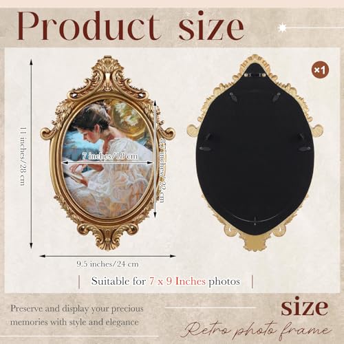 Image of Wonderjune 7x9 Inch Vintage Oval Gold Picture Frame, Carved Resin Antique Ornate Frame for Tabletop or Wall Hanging Display, Victorian Baroque Home Decor