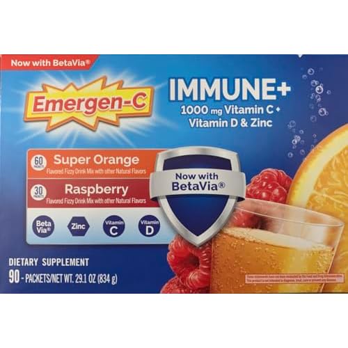 Emergen-C Immune+ 1000 mg Vitamin C + Vitamin D & Zinc, (Super Orange 60 Ct/Raspberry 30Ct) 90 Packets