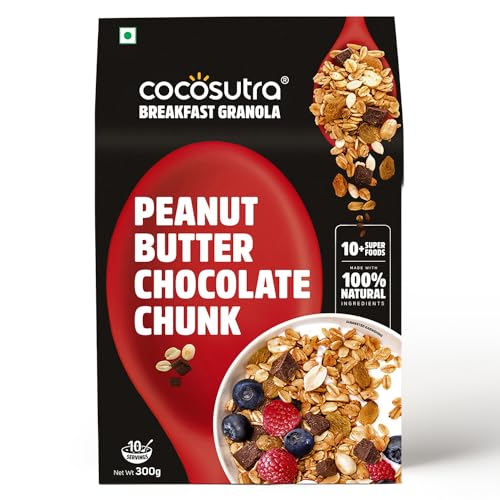 Image of Cocosutra Peanut Butter Chocolate Chunk Breakfast Granola - 300 g | Made with natural ingredients | High Protein Cereal with Oats, Nuts, Seeds & Dry Fruits | Lightly sweetened with Jaggery | High Protein Breakfast Cereal, Oats, Nuts, Seeds & Dry Fruits, 100% Natural, Vegan & Gluten Free, Jaggery Sweetened Crunchy