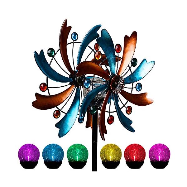 MAGGIFT Solar Wind Spinner, 56.3 Inch Outdoor Metal Stake Yard Spinners, Garden Wind Catcher Wind Mills, Solar Powered RGB Color Changing LED with Glass Ball, Lawn Yard Patio Decoration