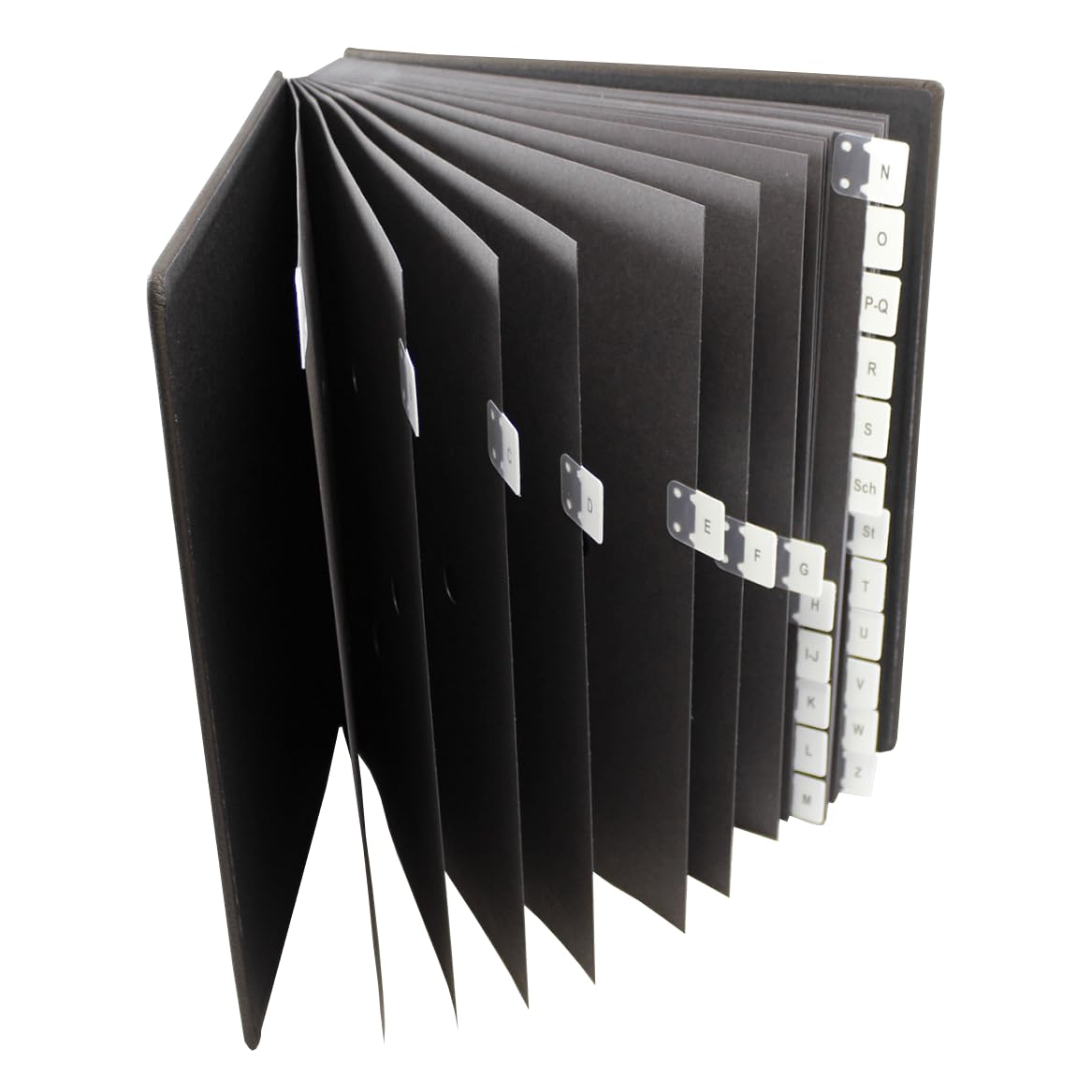 Raccoglitore con registro A-Z, in pelle bovina grana nera, adatto per DIN A4, copertina morbida con dorso elastico, divisori in cartone nero con fori di visualizzazione