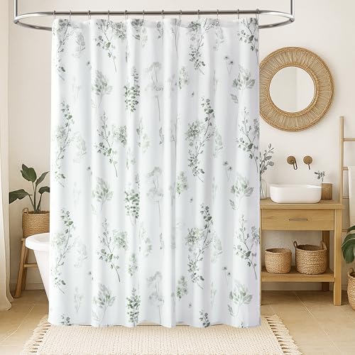 Sage Green Boho Watercolor Floral Shower Curtain,Eucalyptus Botanical Fabric Shower Curtains for Bathroom,Light Green White Nature Plant Cottage Core Bath Curtain for Farmhouse Decor with Hooks 72x72