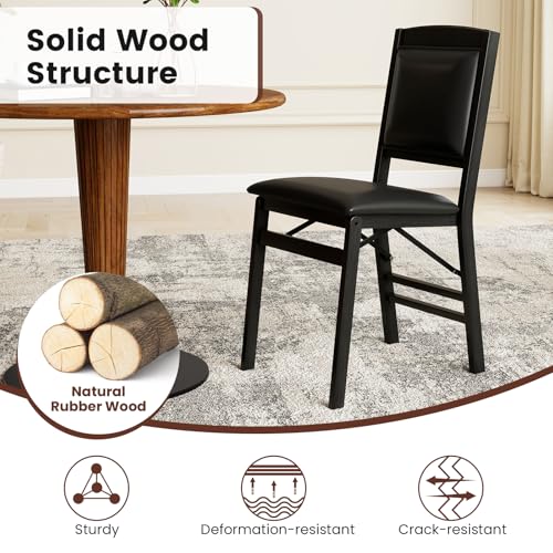 Image of Giantex Folding Dining Chairs Set of 2, Black Wood Kitchen Chair w /Padded Seat, Solid Wood Frame, Max Load 400 Lbs, No Assembly, Easy to Store Foldable Wooden Dining Chairs for Apartment, Small Space