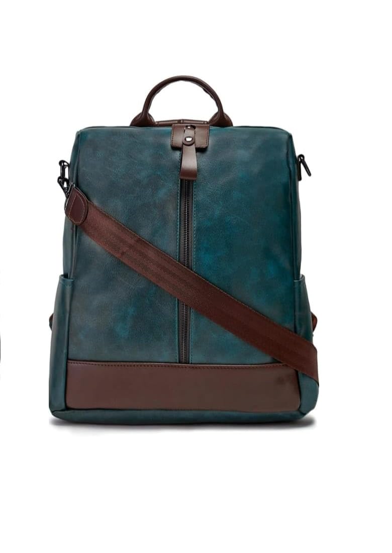 Teal Blue Casual Backpack with Brown Leather Accents, 10 Liters Capacity, Waterproof PU Material, Adjustable Strap, 5 Compartments, 25x26x11 cm-image-45