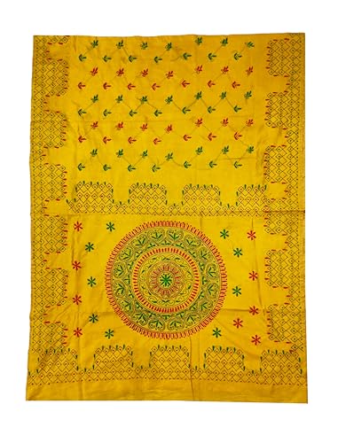 Image of SHRISTI CLOTHINGS Women's Hand Embroidered Cotton Silk Kantha Stitch Saree with Blouse Piece (SB4200924 AMBER)