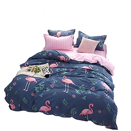 Parure de lit de 4 pièces - Flamant Bleu Rose 1 Housse de Couette 150x200cm - 1 Drap de lit 160x230cm - 2 taies d'oreiller 50x75cm, Polyester-Coton Cover