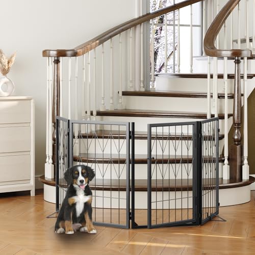 Dog-Gate-Indoor-4-Panels-Freestanding-Pet-Gate-with-Door-Walk-Through-629-Inch-Folding-Dog-Fences-for-Stairs-Doorway-Pet-Puppy-Safety-Fence-with-Support-Feet-Black-DGHB26801 Dog Gate Indoor 4 Panels Freestanding Pet Gate with Door Walk Through 629 Inch Folding Dog Fences for Stairs Doorway Pet Puppy Safety Fence with Support Feet Black DGHB26801