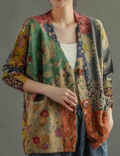 NFYM Women Cardigan Sweaters Open Front Graphic Printed V Neck Retro Knit Outwear with Pockets3