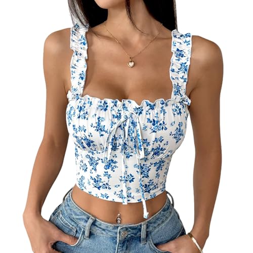 Débardeur motif floral femme avec corset sans manches col carré