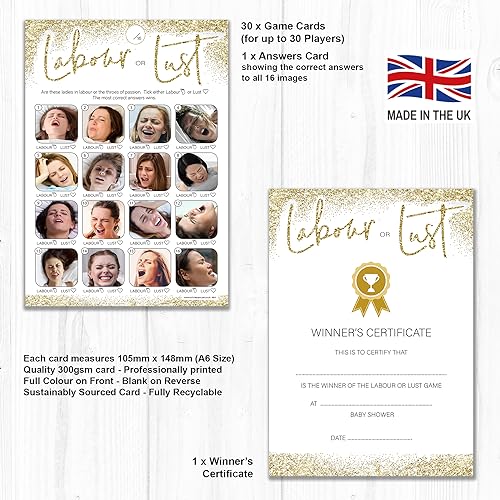 Olivia Samuel Labour or Lust Baby Shower Game for up to 30 Players, Gold Sparkle Design with Winner Certificate, Unisex - Image 2