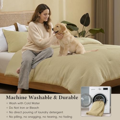 Image of David's Home Textured Summer Waffle Weave Comforter Set, Queen, Pale Khaki | Cozy Soft Lightweight Breathable Fluffy Durable Hotel Bedding with Pillow Shams for All Season, Luxury Home Decor, Giftable