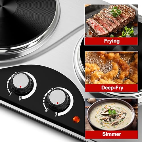 Image of Double Burner, CUSIMAX Electric Hot Plate for Cooking, 1800 Watts Portable Countertop Burner, Cast Iron Hot Plates with Dual Adjustable Temperature, Easy to Clean, Sliver