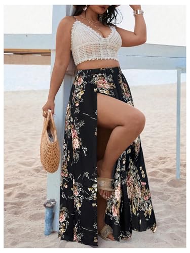 Verdusa Women's Plus Size 2 Piece Floral Outfits Crochet Tie Back Crop Camisole with Slit Maxi Skirt Set3