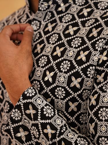 Image of SOJANYA (Since 1958 Men's Cotton Gold Sequence Embroidered Kurta with white Churidaar Pyjama