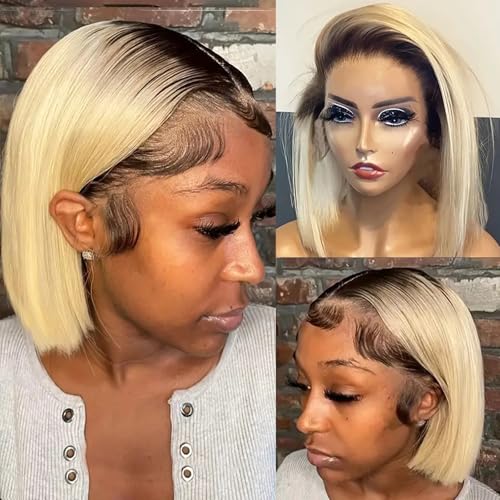 Smavida 13X4 HD Blonde Lace Front Wigs 1B/613 Glueless Short Bob Wig Ombre 2 Tone Brazilian Human Hair Wigs Pre Plucked with Bleached Knots Lace Frotal Bob Wig Human Hair for Black Women