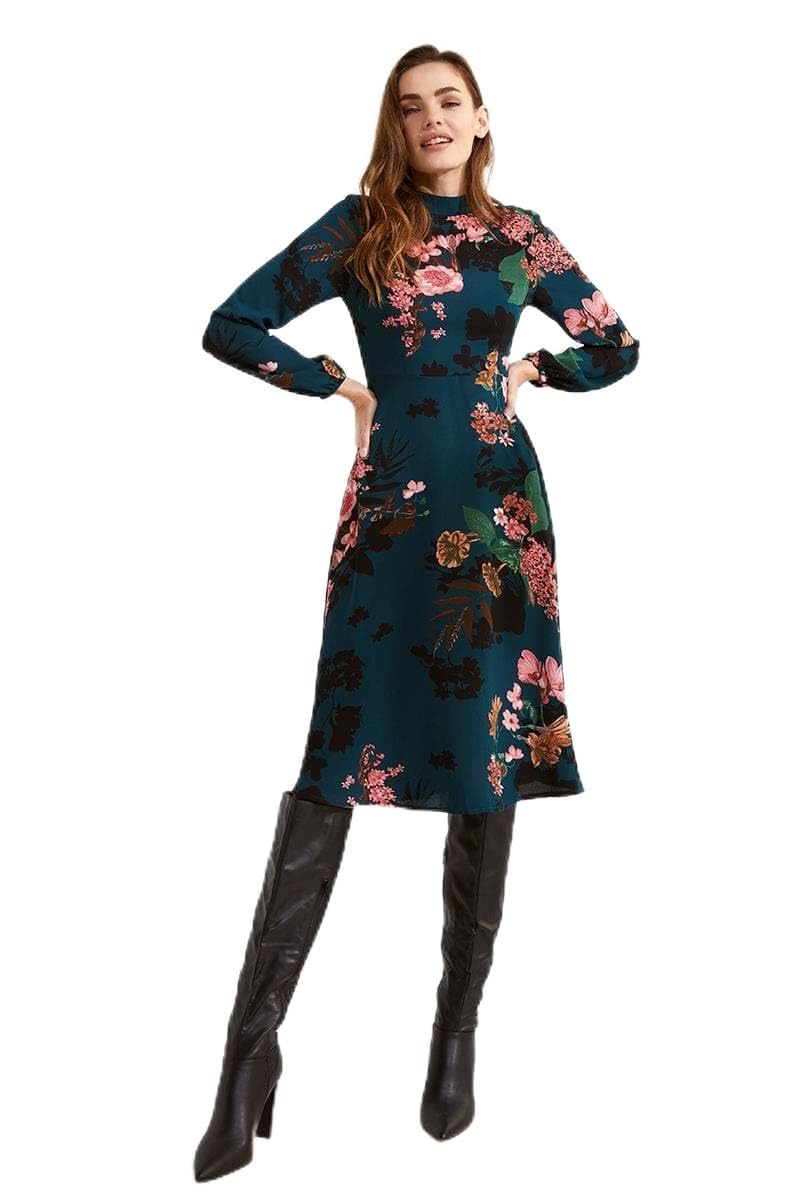 Izabel London Women's Floral Long Sleeve High Neck Midi Dress in Green | Size: 16