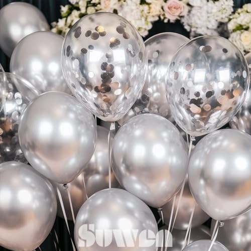 Image of SUWEN Silver Metallic and Confetti Balloons Set 47PCS Latex Helium