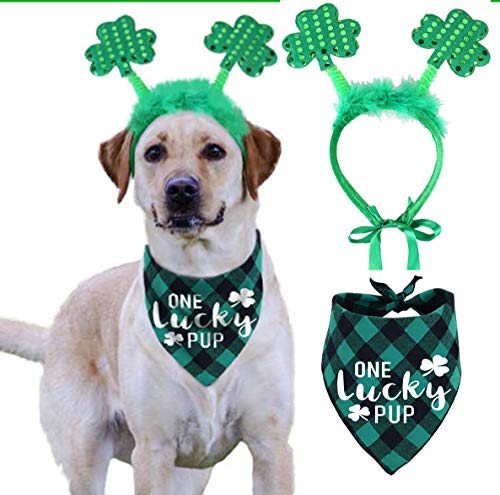 St Patricks Day Dog Costume, Green Shamrock Headband and Buffalo Plaid Pet Bandana