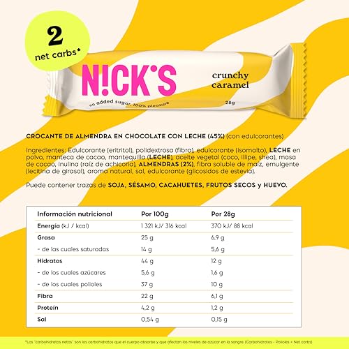 Miniatura 2 de Nicks Crunchy Caramel Barritas Keto Chocolate Caramelo Almendra 88 Calorías,1.8 Carbohidratos Netos, Sin Azúcar Añadida Low Carb Dulces Chocolatinas Sin Gluten 21x28g