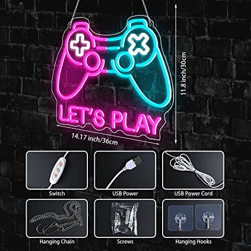 Image of Lingqiang Gaming Neon Sign, Lets Play Game Led Sign for Boys Gamer Room Decor, Video Game Controller Light Game Zone Bedroom Wall Gamepad Shape Kids Teen Gift, Ice Blue Pink - Game Controller
