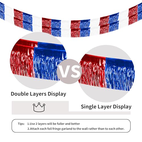 Image of 4 Packs 10 Feet Long Foil Fringe 4th of July Garland Memorial Day USA Red White Blue Independence Day Tinsel Metallic Patriotic Wall Hanging Banner for Car Parade Floats Garden Decorations